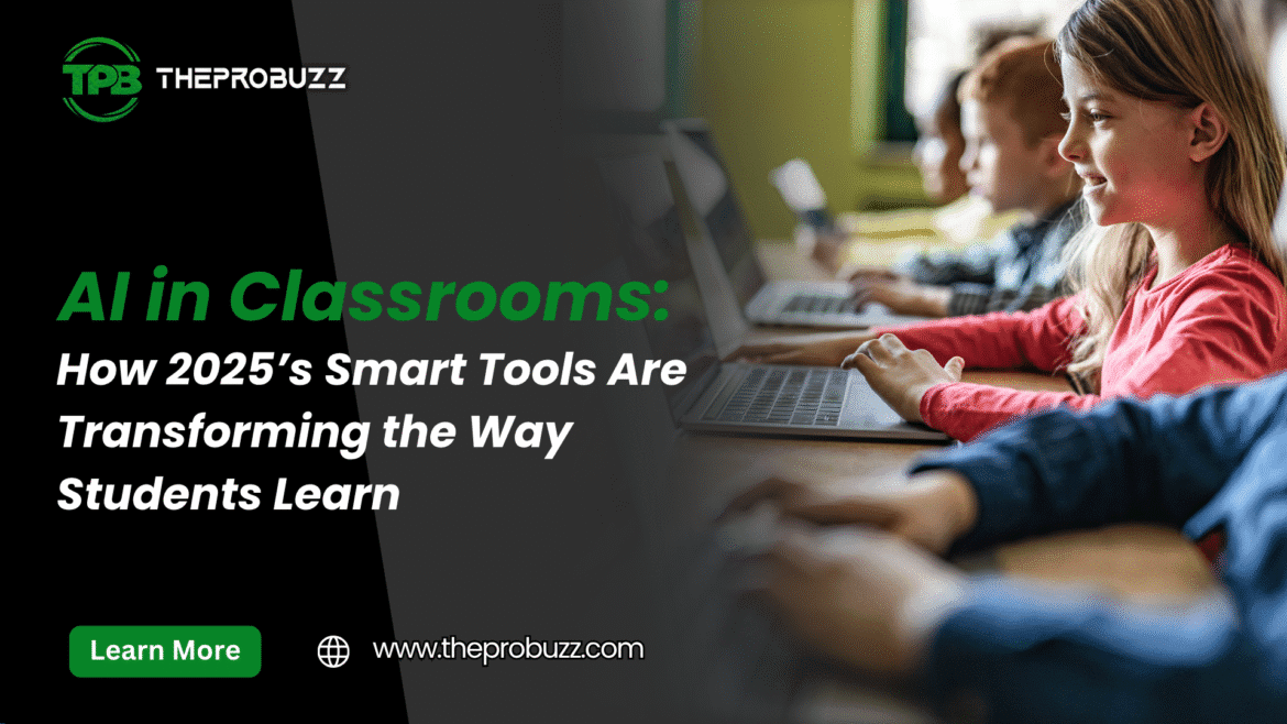 A futuristic classroom setup where students use AI-powered devices and smart boards for personalized learning