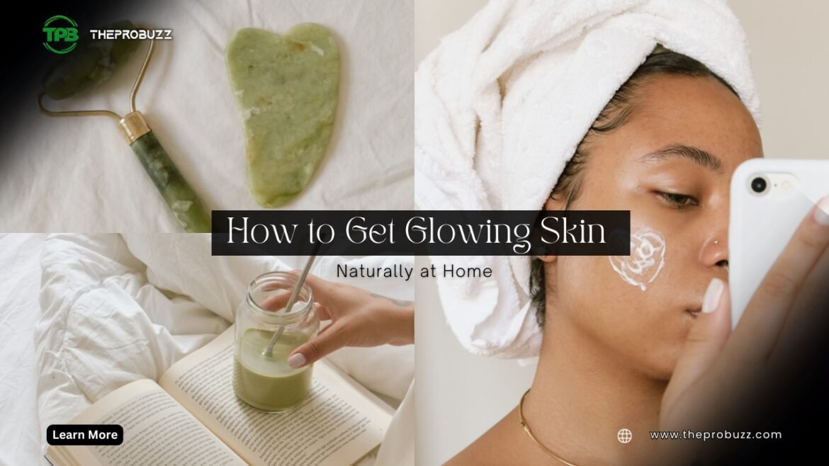 Woman showcasing natural skincare routine with glowing skin using organic products at home