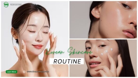 Woman with glowing, glass skin following 10-step Korean skincare routine