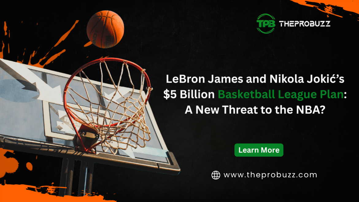 LeBron James and Nikola Jokić side-by-side with a futuristic basketball court, symbolizing their $5 Billion basketball league challenging the NBA.