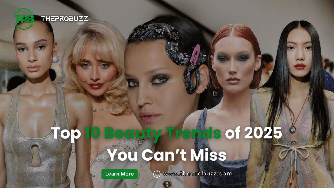 Collage of trending beauty products, AI skincare devices, minimal makeup looks, and sustainable cosmetics representing 2025 beauty trends.
