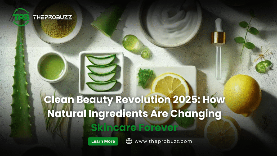 Clean beauty skincare products with natural ingredients like aloe vera and rosehip oil on a wooden background